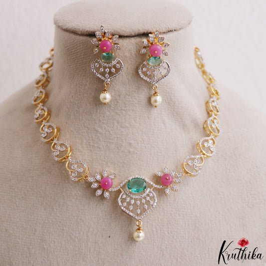 Pretty Floral Motifs AD Necklace With Pearl Drop NC3278