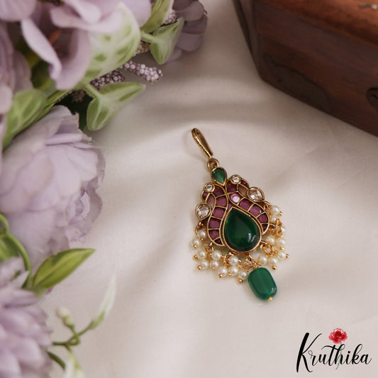 Trendy Peacock Teardrop Motifs kemp Maang Tikka With Pearl Drops MT344 (Available In 2 Colors)