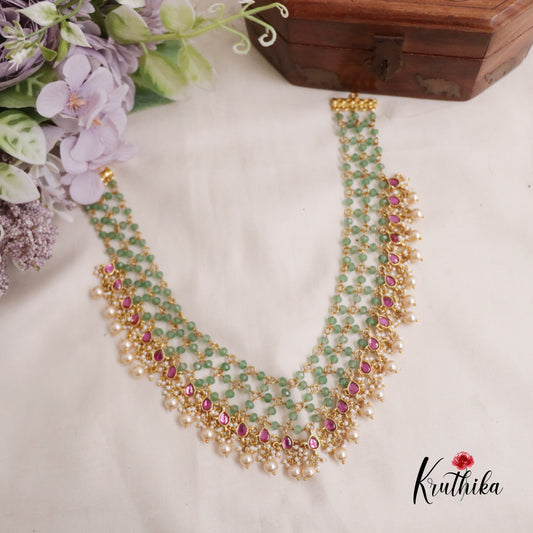 Trendy Onyx Beads Layered Pink Stone Choker With Golden Beads Drops NC2215