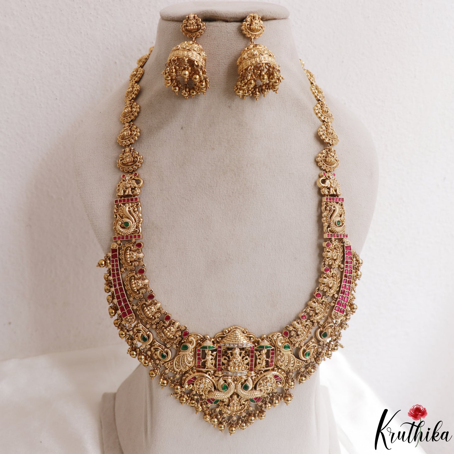 Premium Antique Nagas Lakshmi Peacock Motifs Jadau Haaram With Golden Bead Drops LH2150