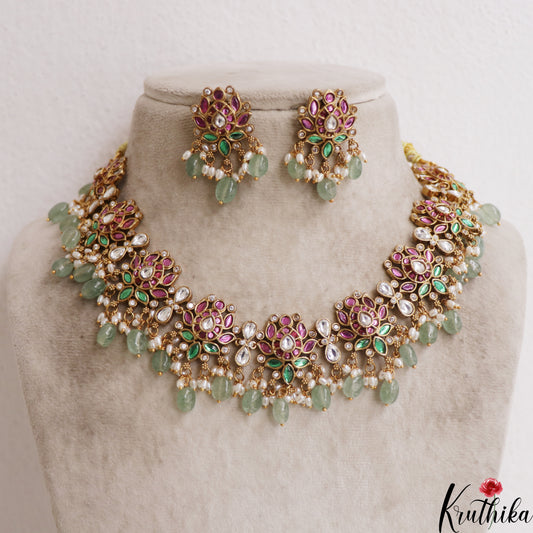 Trendy Lotus Motifs Jadau Necklace With Mint Green Beads LH2105