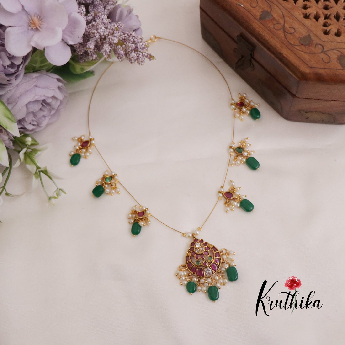Trendy Kemp Chandbali Invisible Chain with Green Beads Drops NC2304