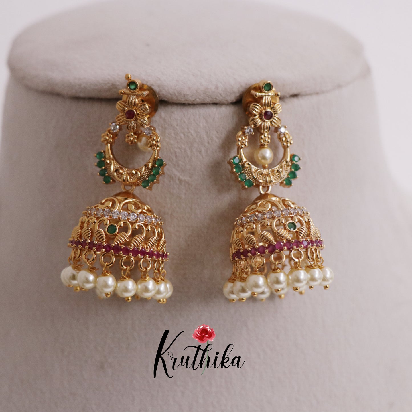 Beautiful CZ Multi Stone Pearls Jhumka E712