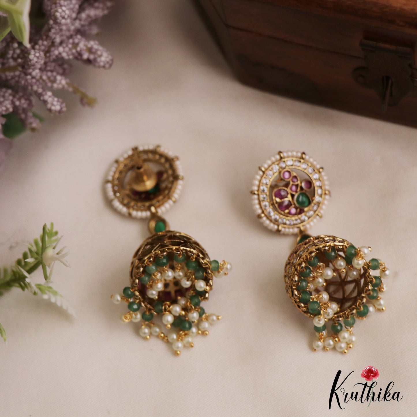 Stunning Peacock Motifs Kemp Jhumkas With Pear Bead Drops E1103 (Available In 2 Colors)
