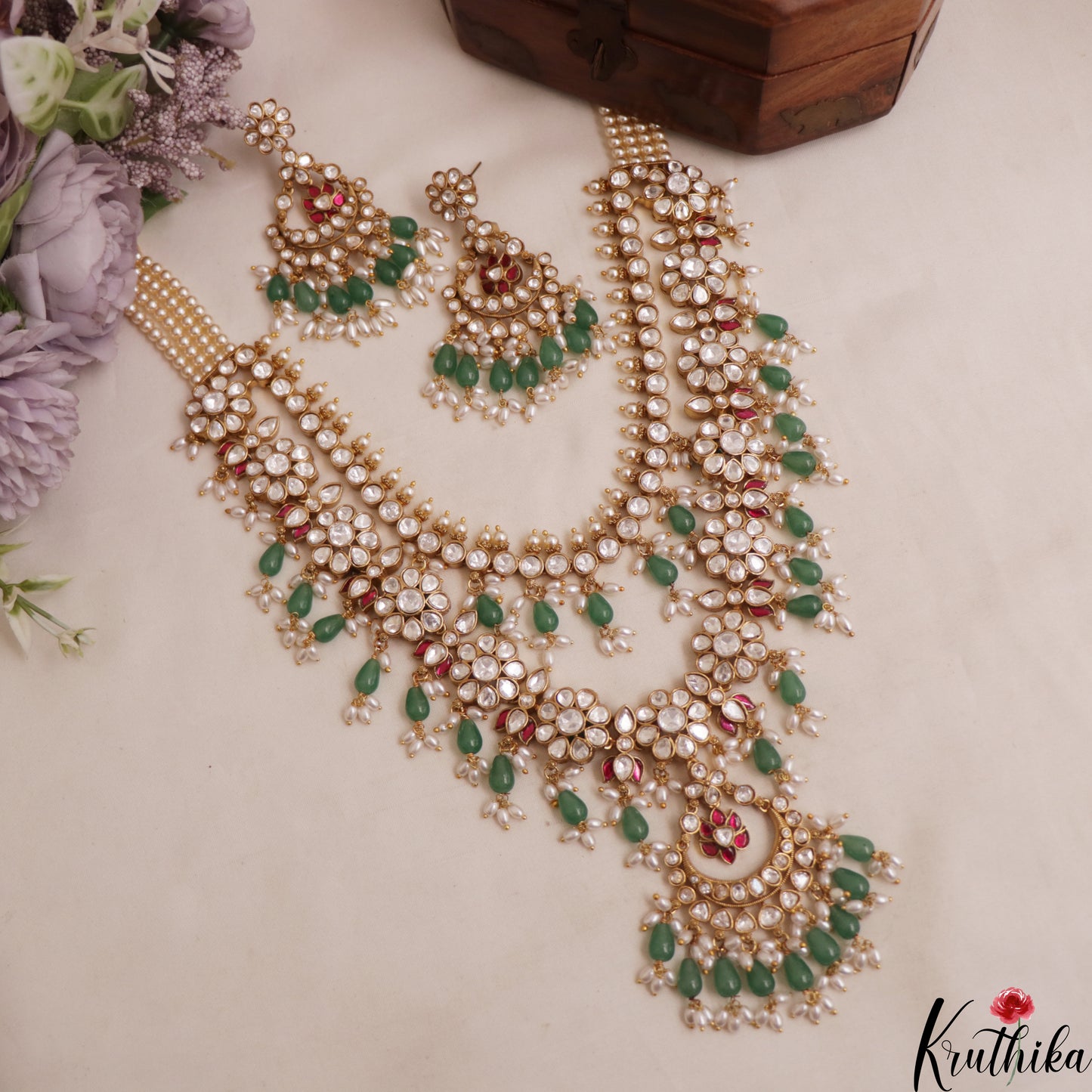 Gorgeous Floral Motifs Polki Victorian Jadau Haaram With Green Bead Drops LH2114