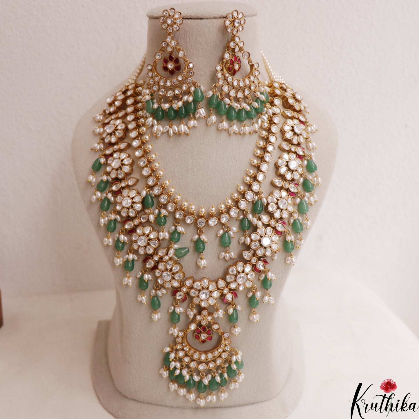 Gorgeous Floral Motifs Polki Victorian Jadau Haaram With Green Bead Drops LH2114