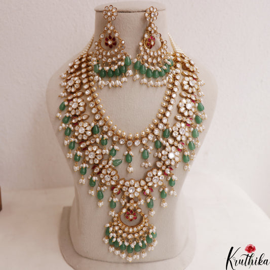 Gorgeous Floral Motifs Polki Victorian Jadau Haaram With Green Bead Drops LH2114