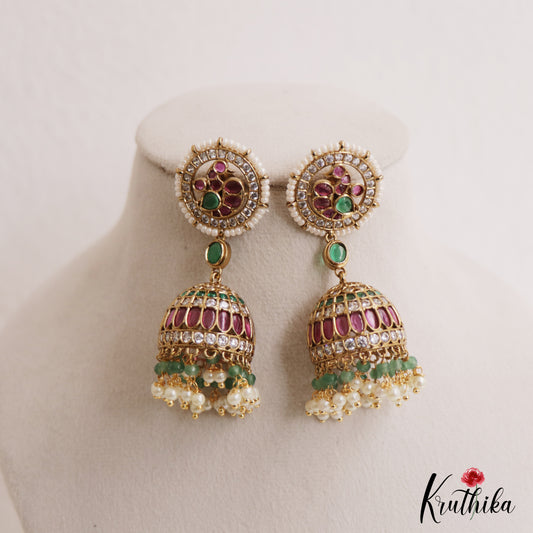 Stunning Peacock Motifs Kemp Jhumkas With Pear Bead Drops E1103 (Available In 2 Colors)