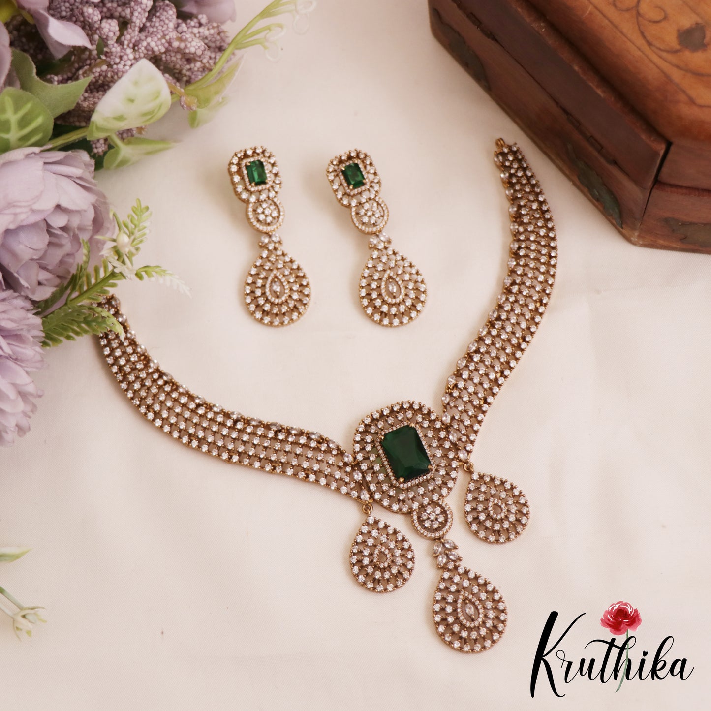 Gorgeous Teardrop Motifs Diamond-Finish Gold-Tone AD Victorian Necklace NC2824 (Available In 2 Colors)