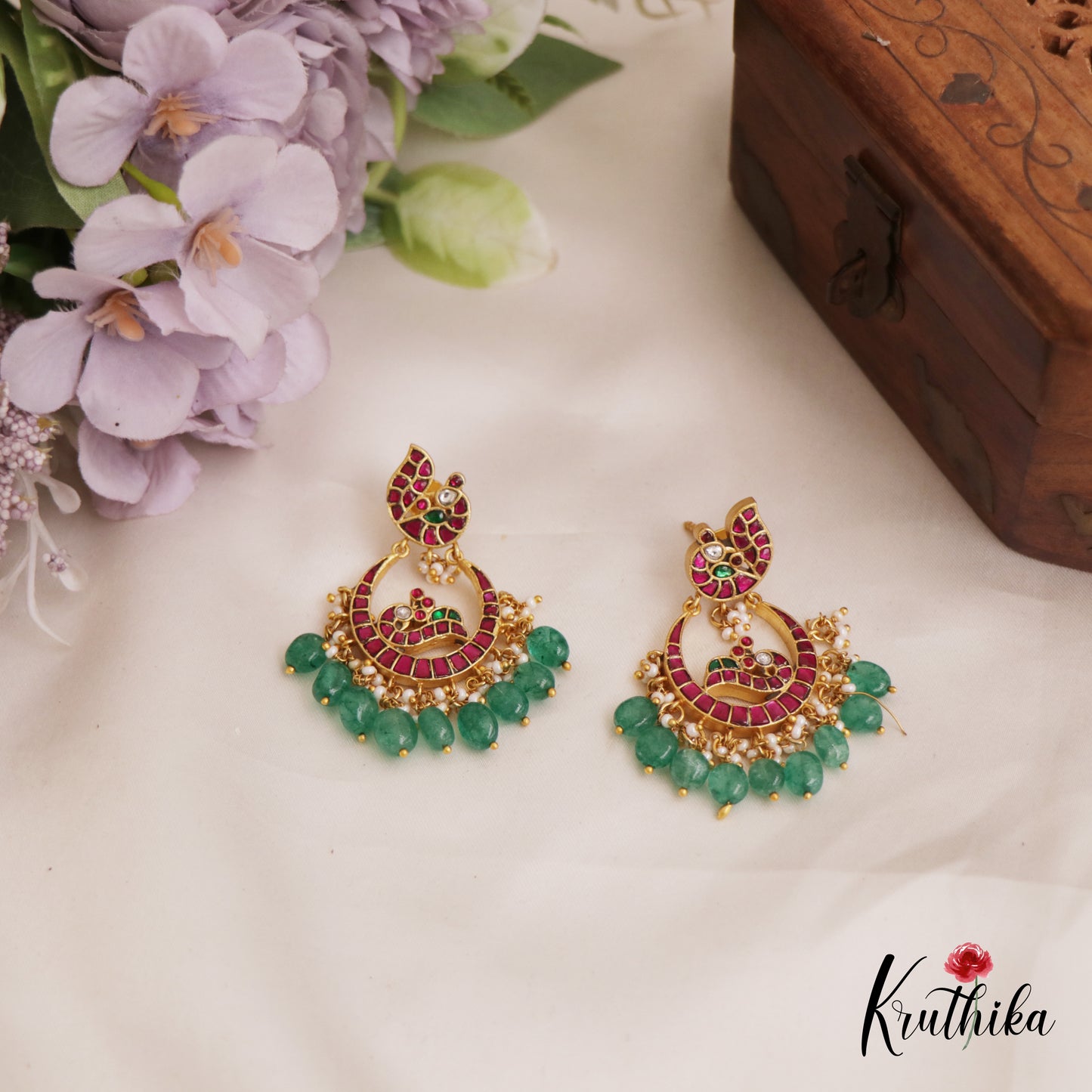 Premium Peacock Motifs Chandbali Jadau Earrings With Green Bead Drops E996