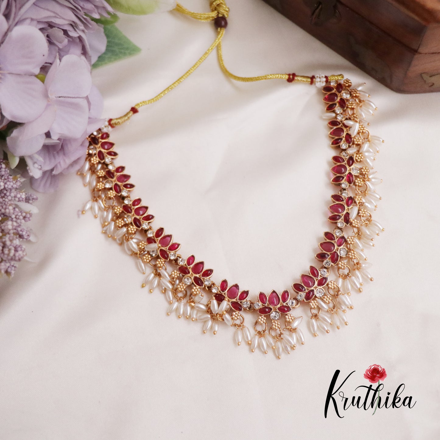 Budget Friendly Simple Trendy Ruby Pearl Floral Choker Set NC2292