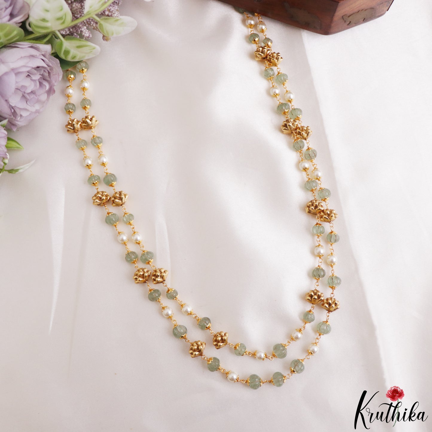 Trendy Floral Green Bead Double Layered Mala LH2219