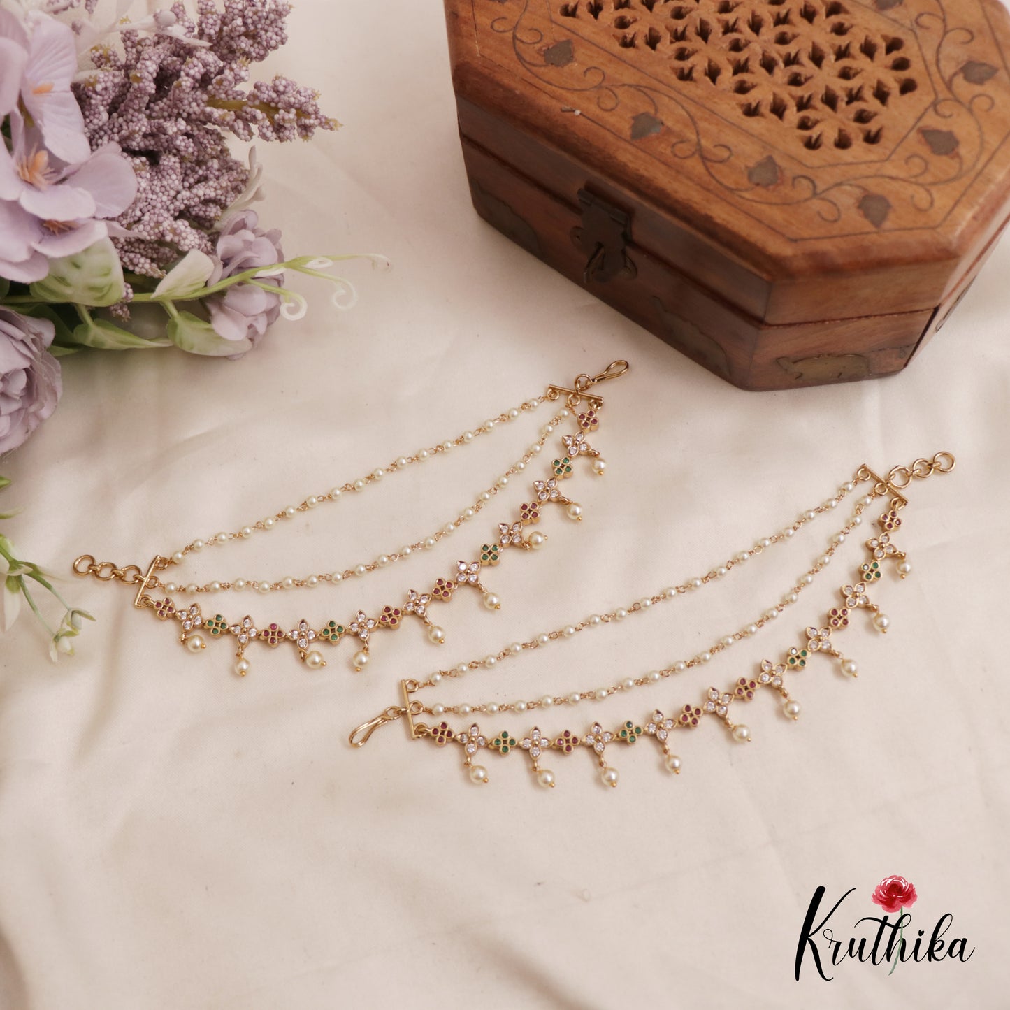 Beautiful Kemp Floral Triple Strand Earchains With Pearl Drops EC160