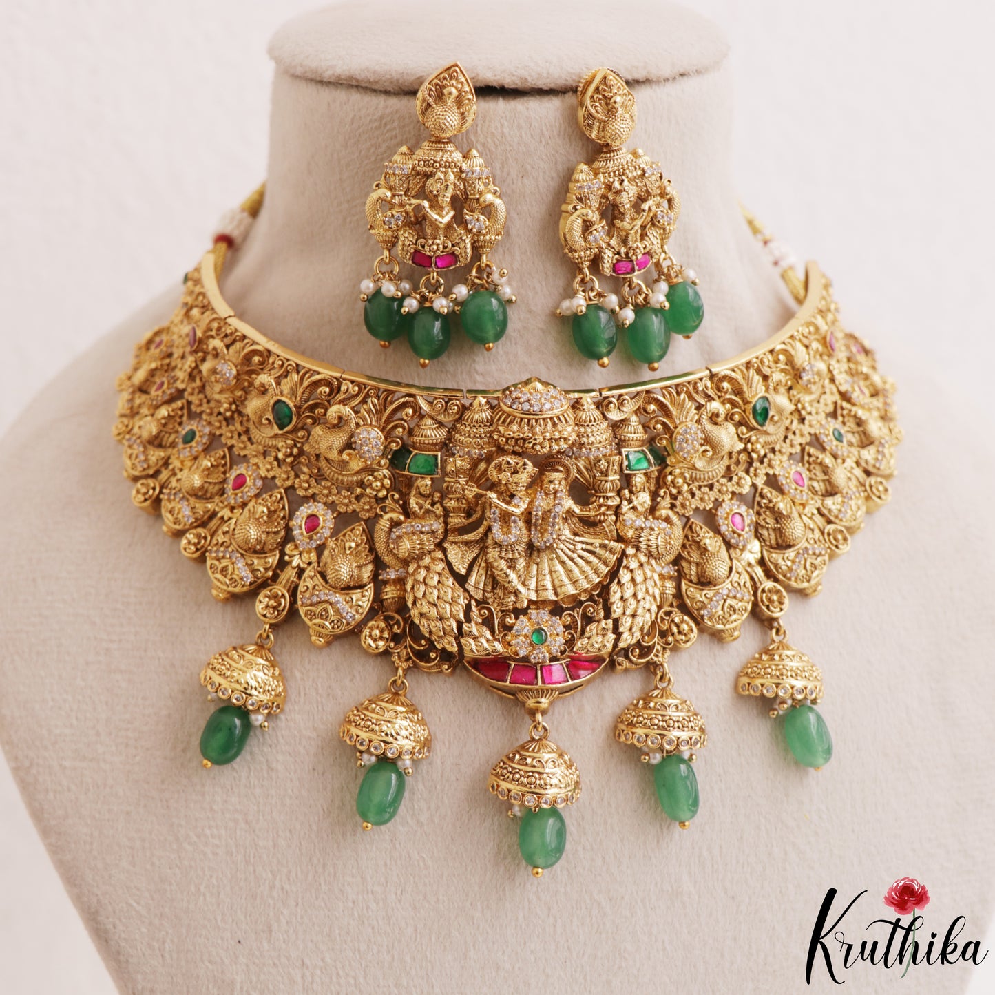 Premium Antique Radha Krishna Motifs Choker With Bead Drops NC3158 (Available In 2 Colors)