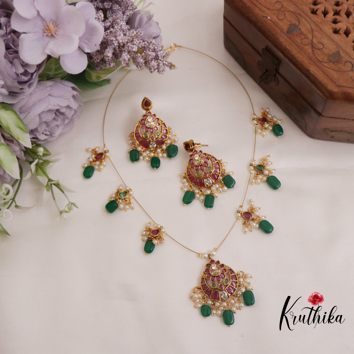 Trendy Kemp Chandbali Invisible Chain with Green Beads Drops NC2304