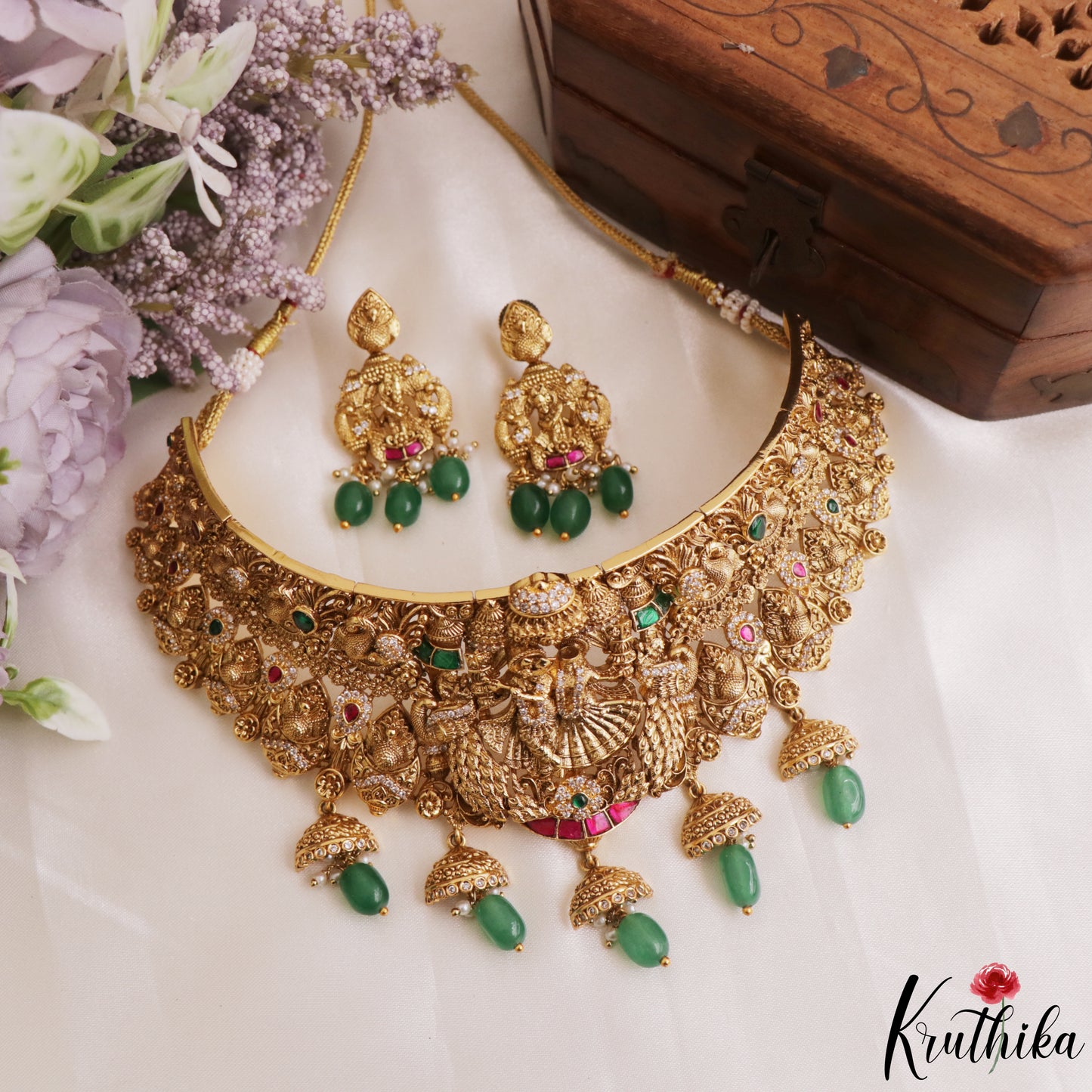 Premium Antique Radha Krishna Motifs Choker With Bead Drops NC3158 (Available In 2 Colors)