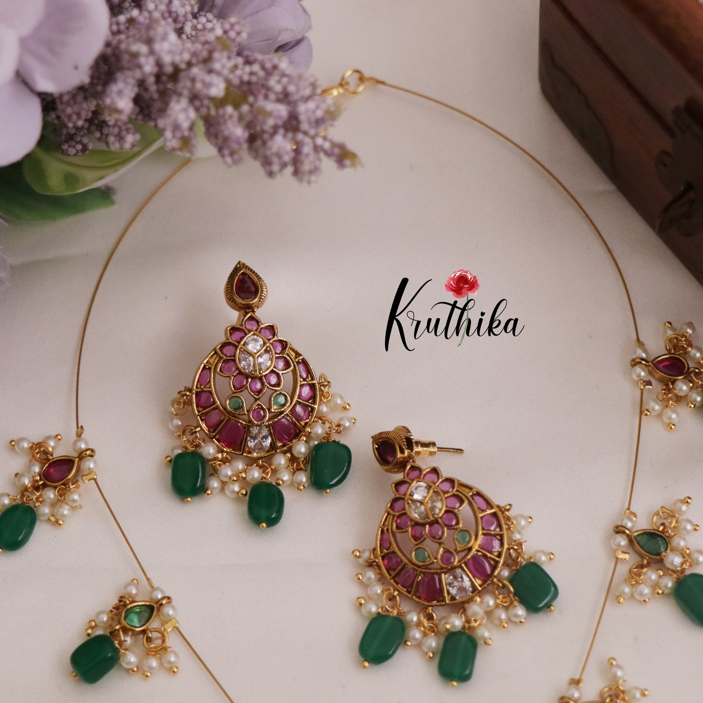 Trendy Kemp Chandbali Invisible Chain with Green Beads Drops NC2304