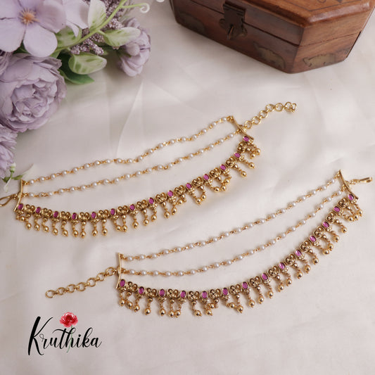 Beautiful Kemp Pearl Drop Triple Layered Earchains EC143 (Available In 2 Colours)