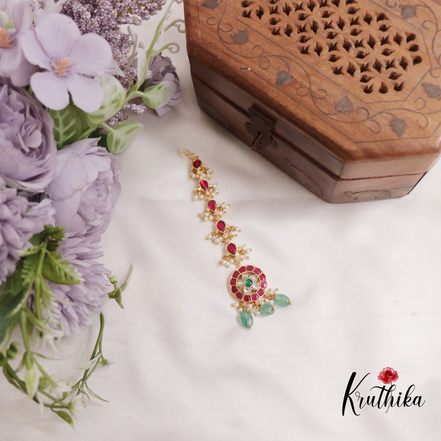 Gorgeous Jadau Floral Maang Tikka with Pastel Green Beads MT304