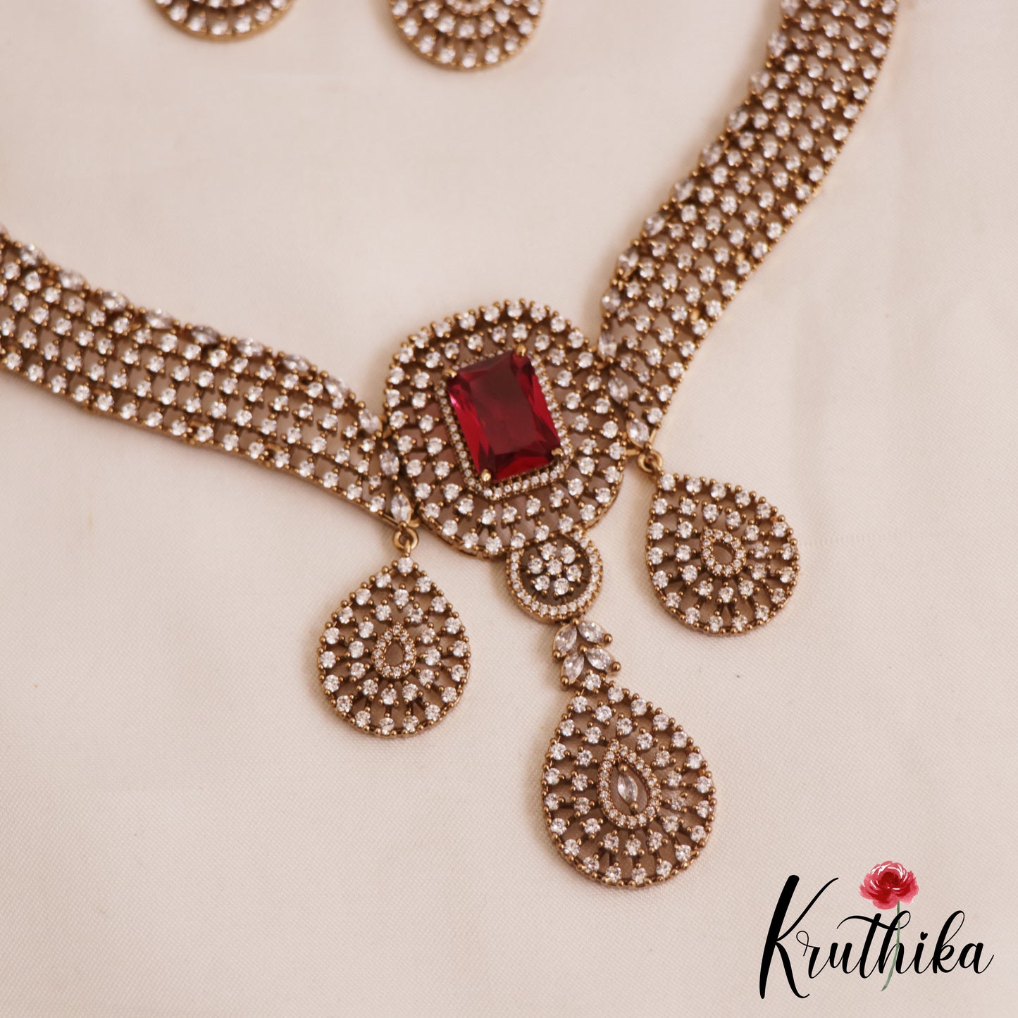 Gorgeous Teardrop Motifs Diamond-Finish Gold-Tone AD Victorian Necklace NC2824 (Available In 2 Colors)