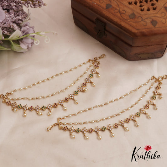 Beautiful Kemp Floral Triple Strand Earchains With Pearl Drops EC160