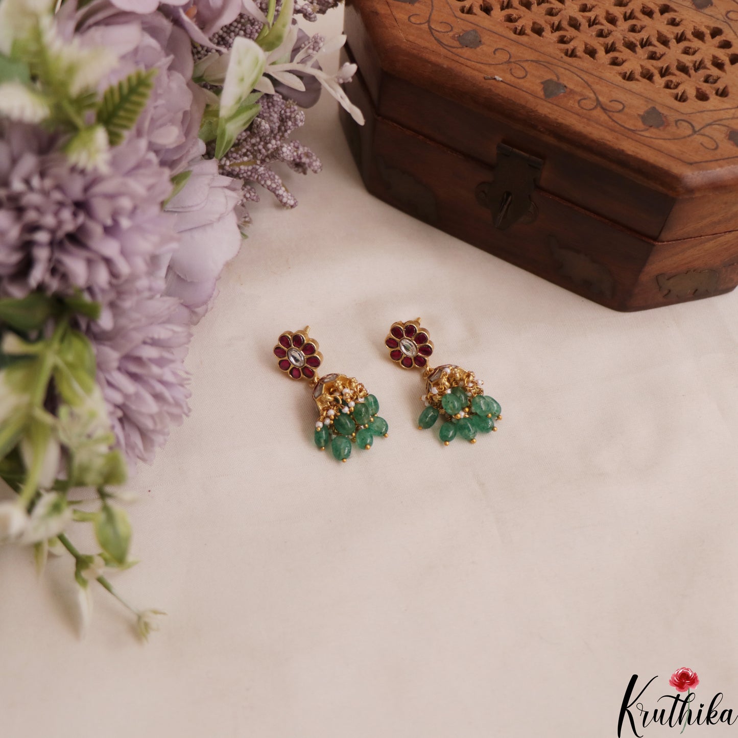 Elegant Floral Motifs Jadau Jhumkas With Green Bead Drops E1142