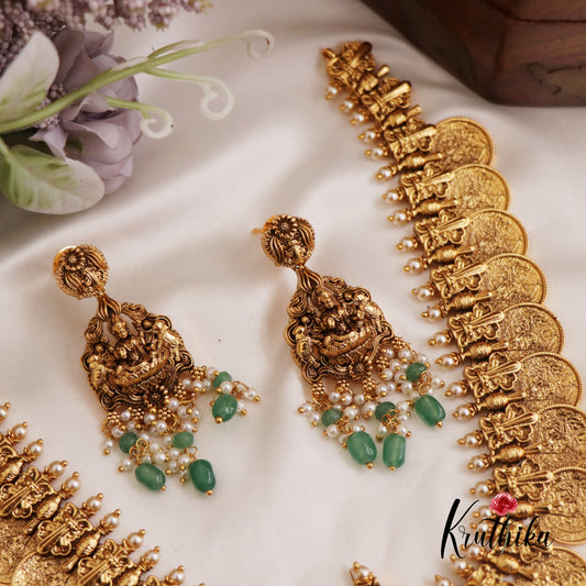 Premium Antique Nagas Lakshmi Motifs Kasu Neckalce With Green Bead Drops NC2658