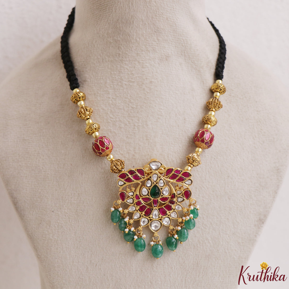Elegant Ruby Green Stone Jadau Pendant Mangalsutra with Green Bead Drops NC3314