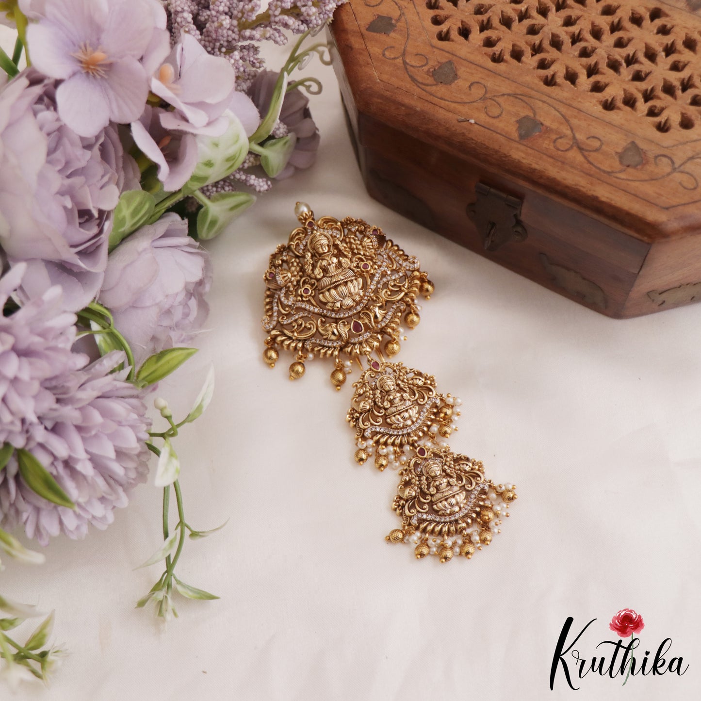 Premium Antique Lakshmi Motifs Jada Billa With Golden Bead And Pearl Drops J319