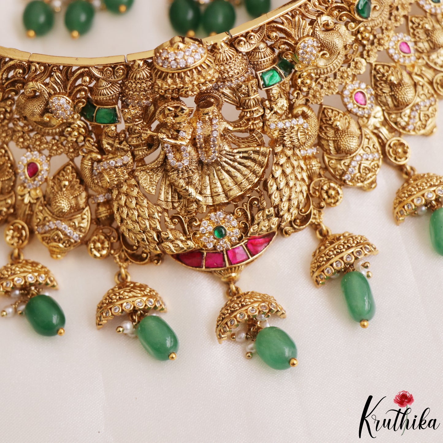 Premium Antique Radha Krishna Motifs Choker With Bead Drops NC3158 (Available In 2 Colors)