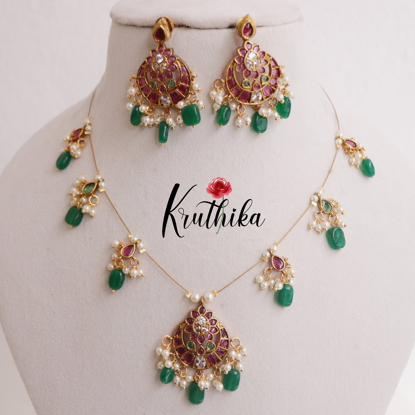 Trendy Kemp Chandbali Invisible Chain with Green Beads Drops NC2304
