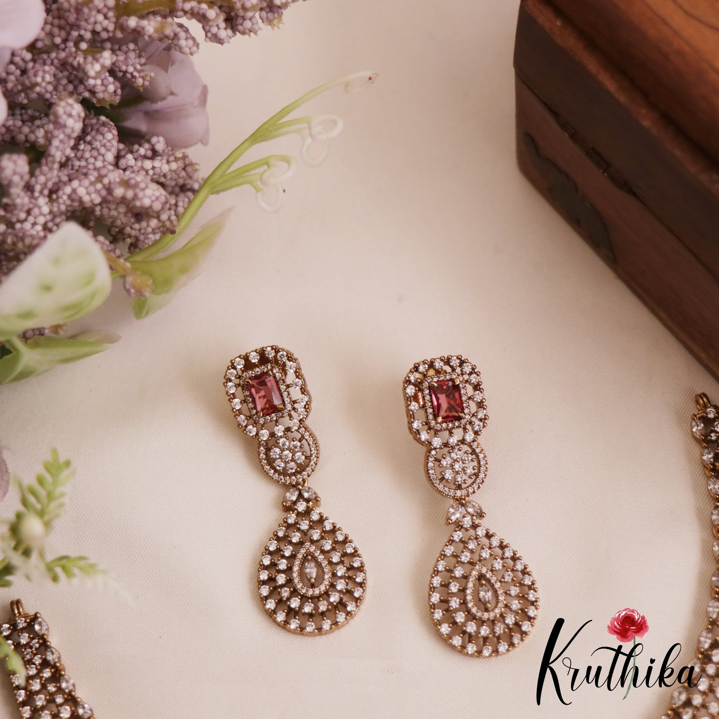 Gorgeous Teardrop Motifs Diamond-Finish Gold-Tone AD Victorian Necklace NC2824 (Available In 2 Colors)