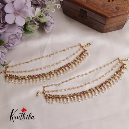 Beautiful Kemp Pearl Drop Triple Layered Earchains EC143 (Available In 2 Colours)