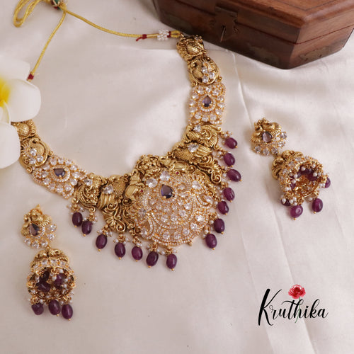 Elegant Lakshmi CZ Necklace with Purple Beads NC1934