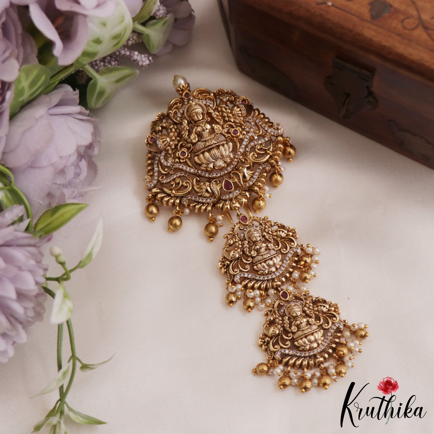 Premium Antique Lakshmi Motifs Jada Billa With Golden Bead And Pearl Drops J319