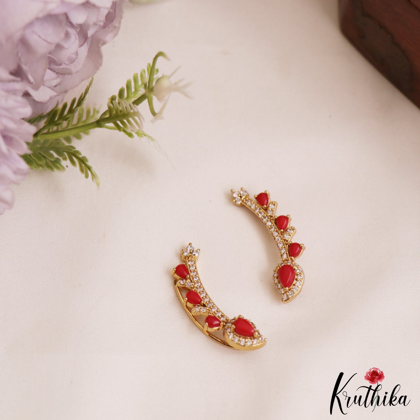 Beautiful Teardrop Motifs AD Coral Ear Climbers / Ear cuffs E1042 (Available In 3 Colors)