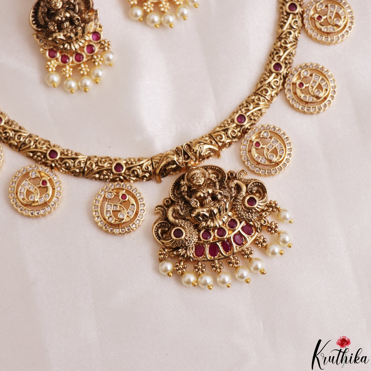 Traditional Antique Lakshmi Peacock Motifs Bottu Necklace With Pearl Drops NC3200 (Available In 2 Colors)