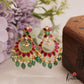 Gorgeous Floral Leaf Motifs Chandbali Jadau Earrings With Green Bead Drops E963