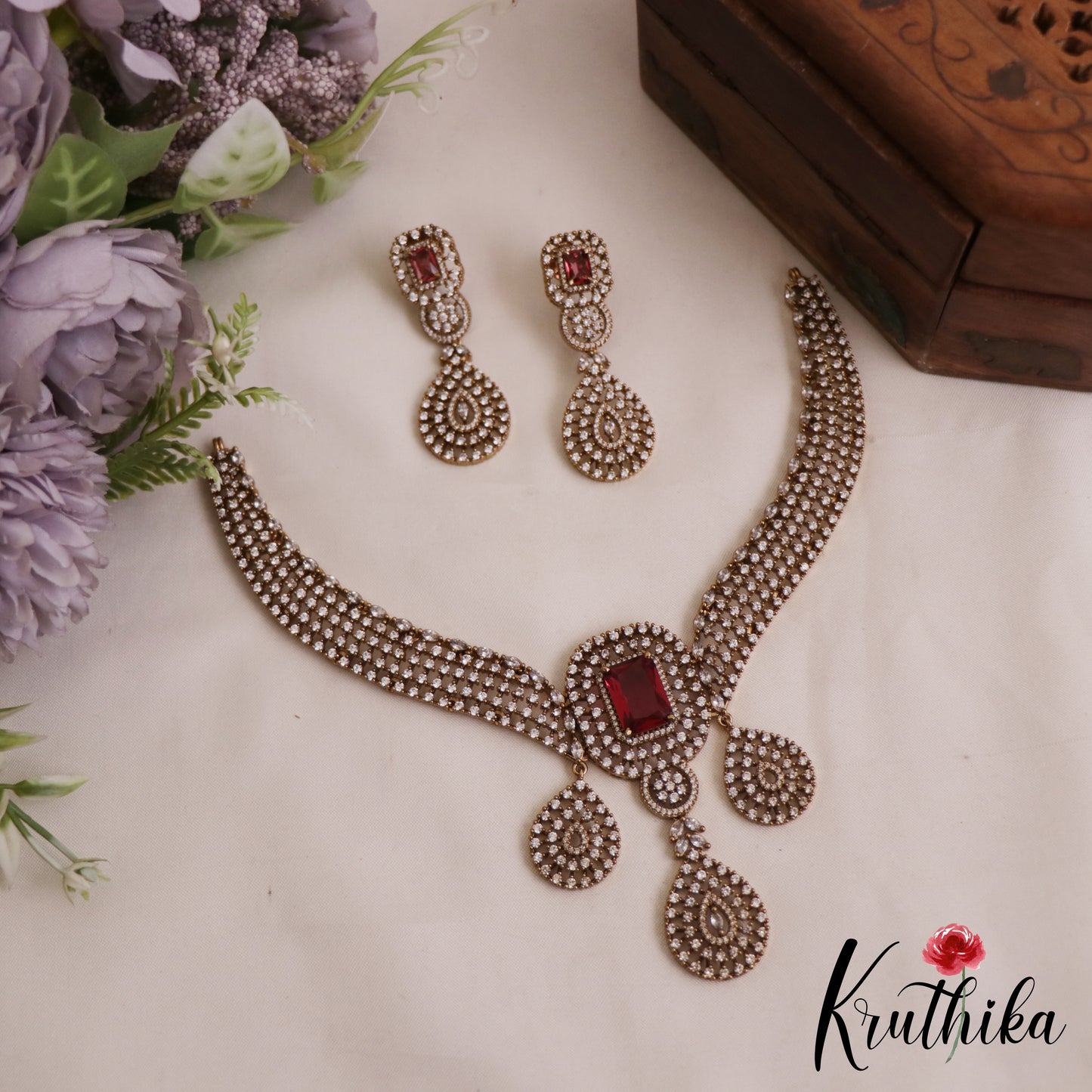 Gorgeous Teardrop Motifs Diamond-Finish Gold-Tone AD Victorian Necklace NC2824 (Available In 2 Colors)