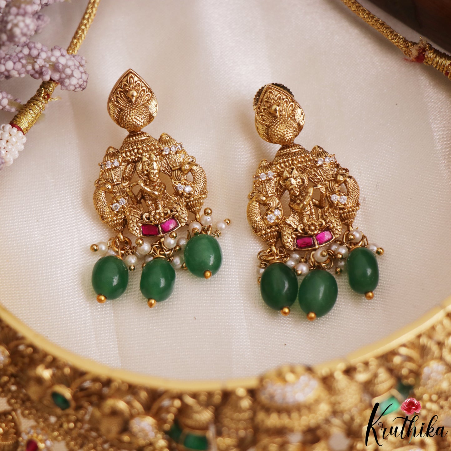 Premium Antique Radha Krishna Motifs Choker With Bead Drops NC3158 (Available In 2 Colors)