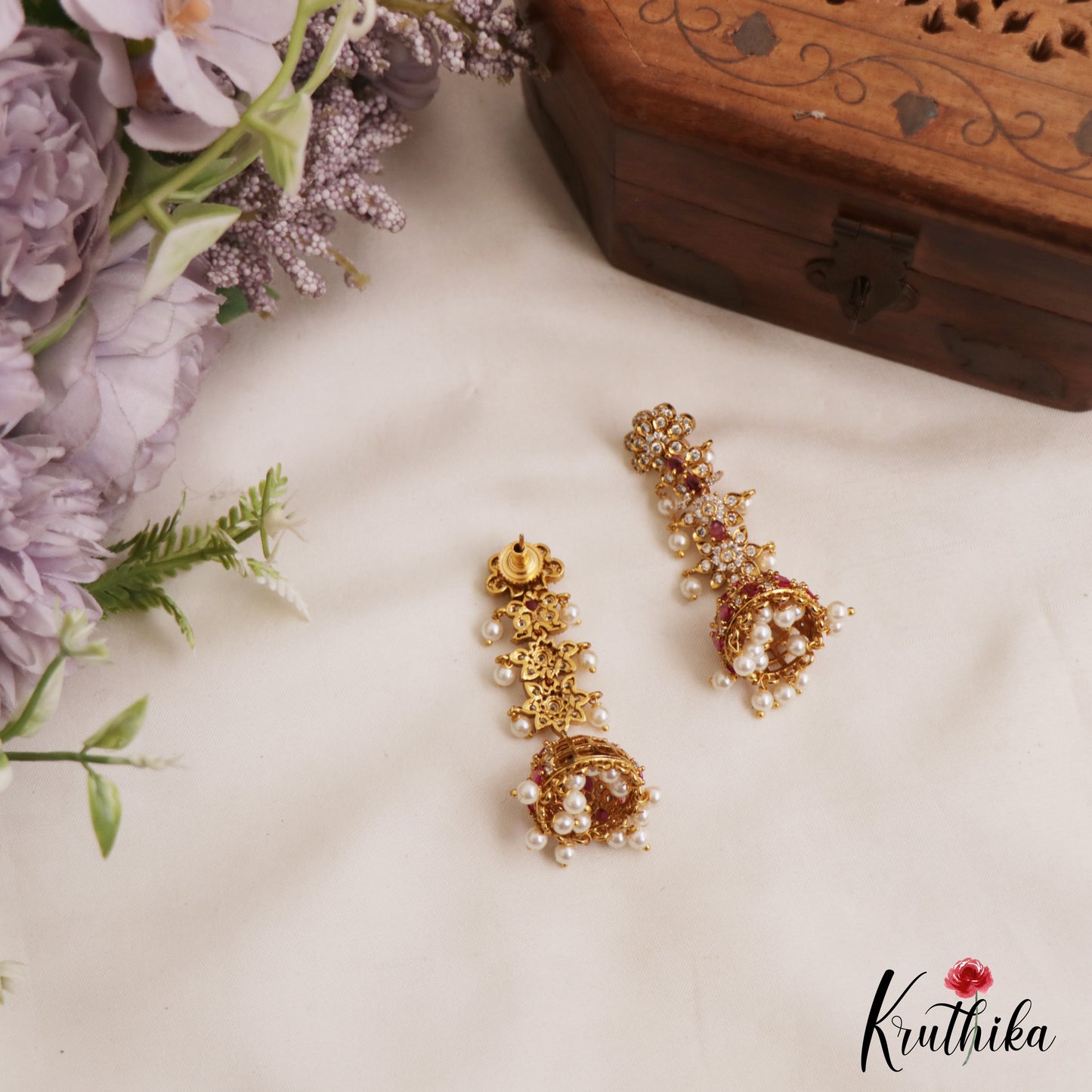 Sparkling Floral Motifs AD Jhumkas With Pearl Drops E1107 (Available In 4 Colors)