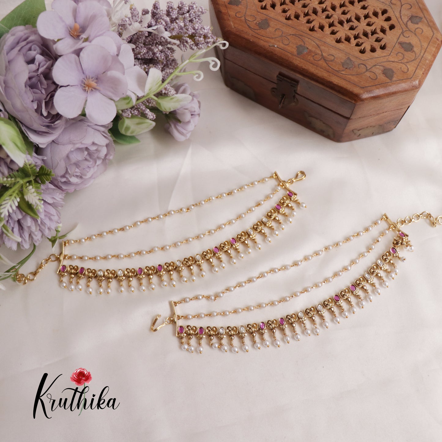 Beautiful Kemp Pearl Drop Triple Layered Earchains EC143 (Available In 2 Colours)