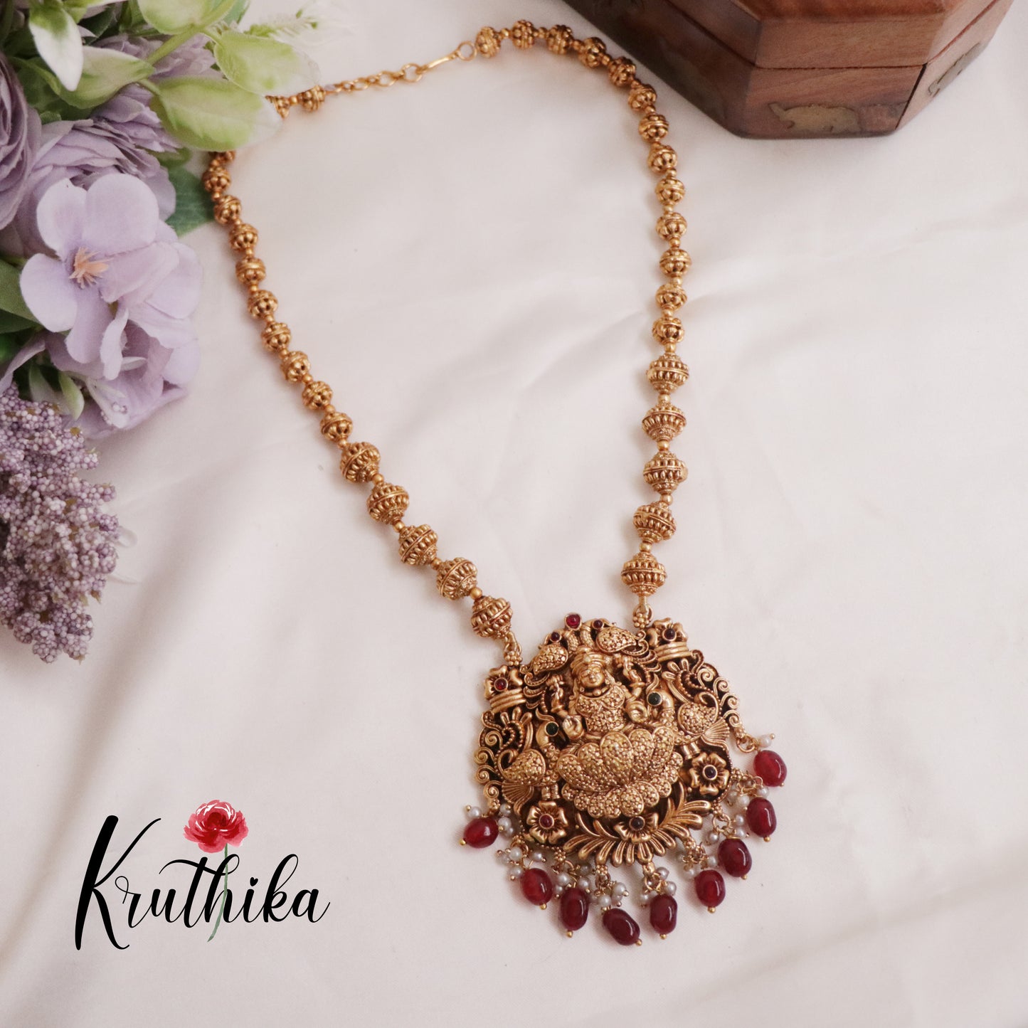 Budget Friendly Simple Lakshmi Pendant Necklace with Ruby Beads Drops NC2291
