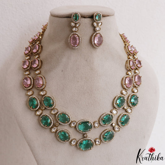 Stunning Double Layered Geometric Motifs Polki CZ Victorian Necklace NC3118