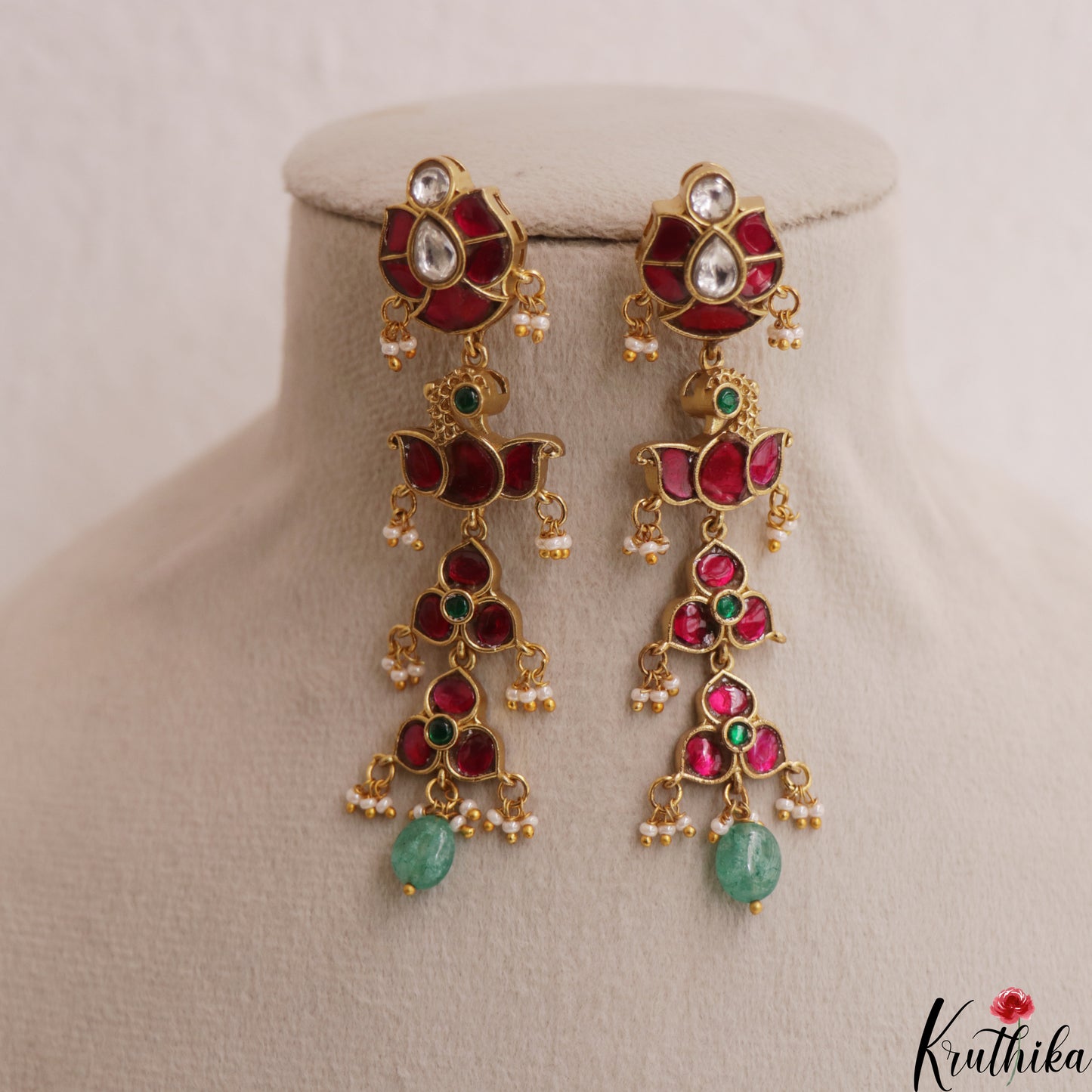 Classic Floral Peacock Motifs Jadau Earrings With Green Bead Drop E1144
