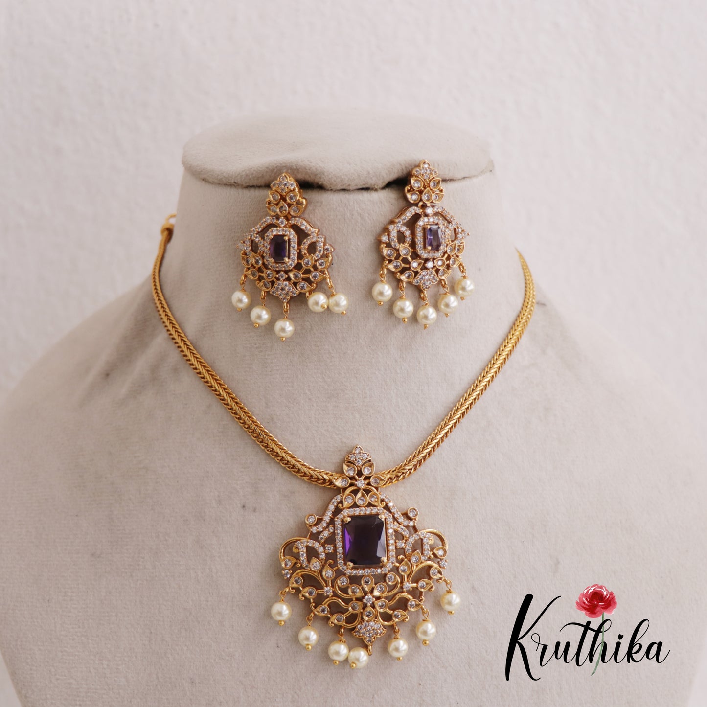 Beautiful Leaf AD Stone Hasli Necklace With Pearl Drops NC2600