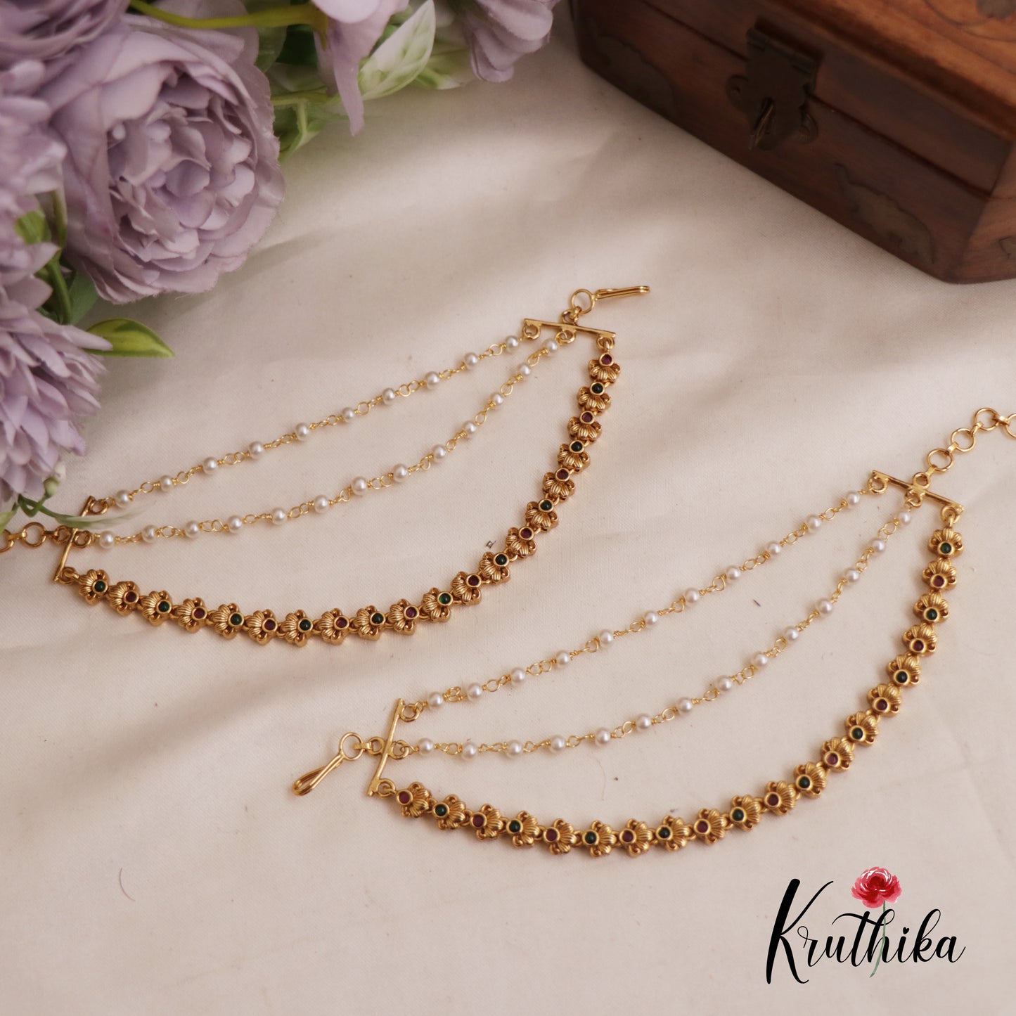Trendy Floral Motifs Triple Strand Earchains EC179