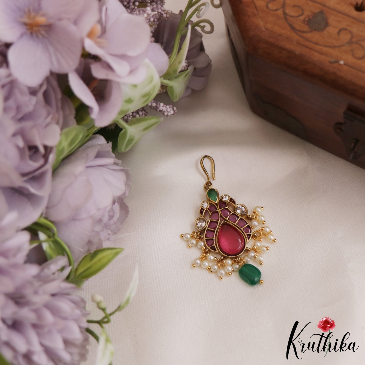 Trendy Peacock Teardrop Motifs Jadau Maang Tikka With Pearl Drops MT344 (Available In 2 Colors)