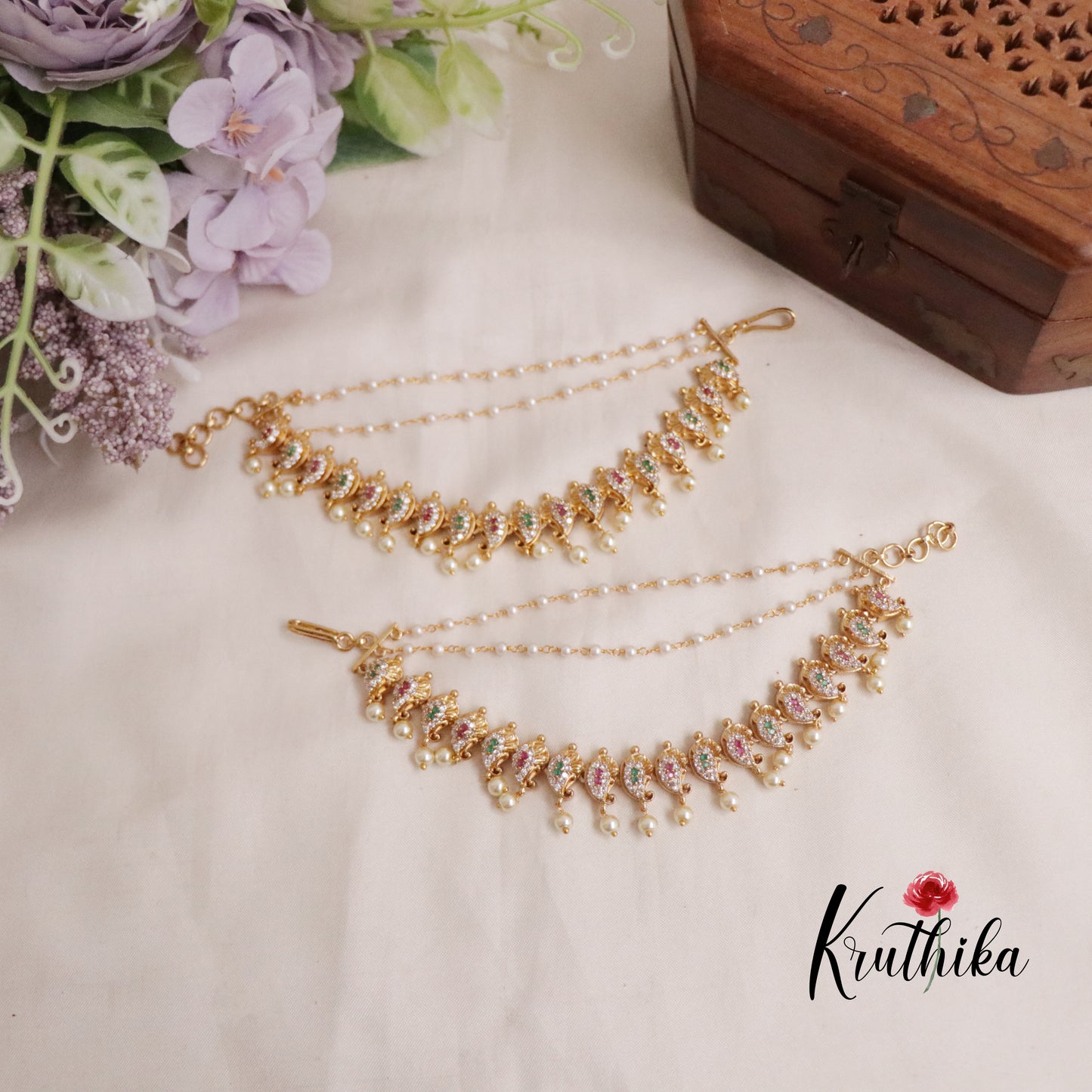 Classic Three Layer Multi Stone Earchains with Pearl Drop EC109