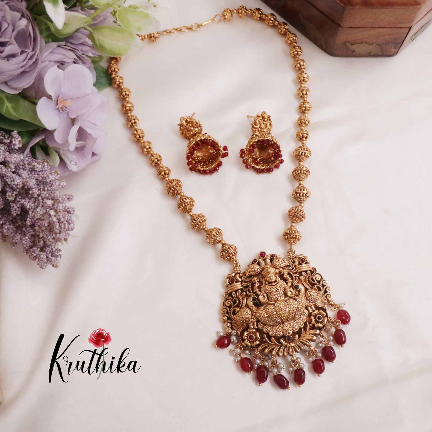 Budget Friendly Simple Lakshmi Pendant Necklace with Ruby Beads Drops NC2291